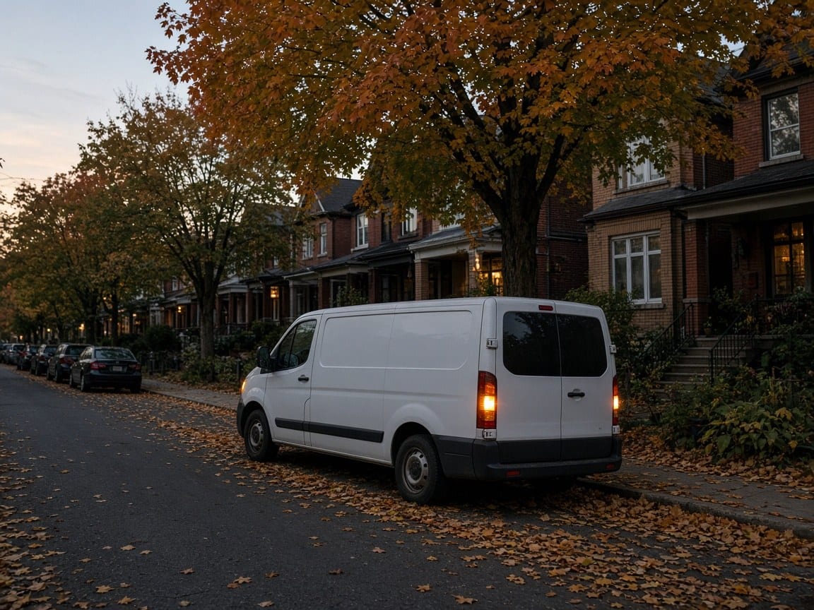 A white van parked on a leafy street