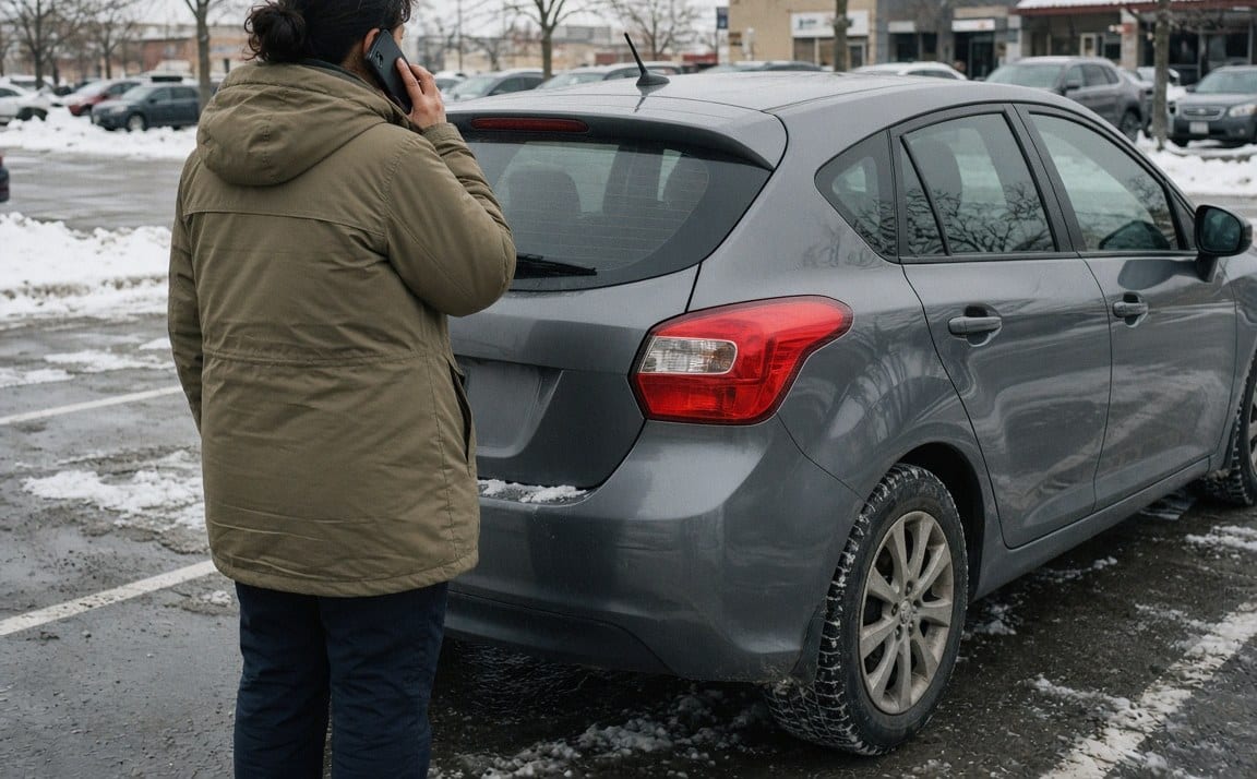 A driver on the phone beside her car in a snowy lot