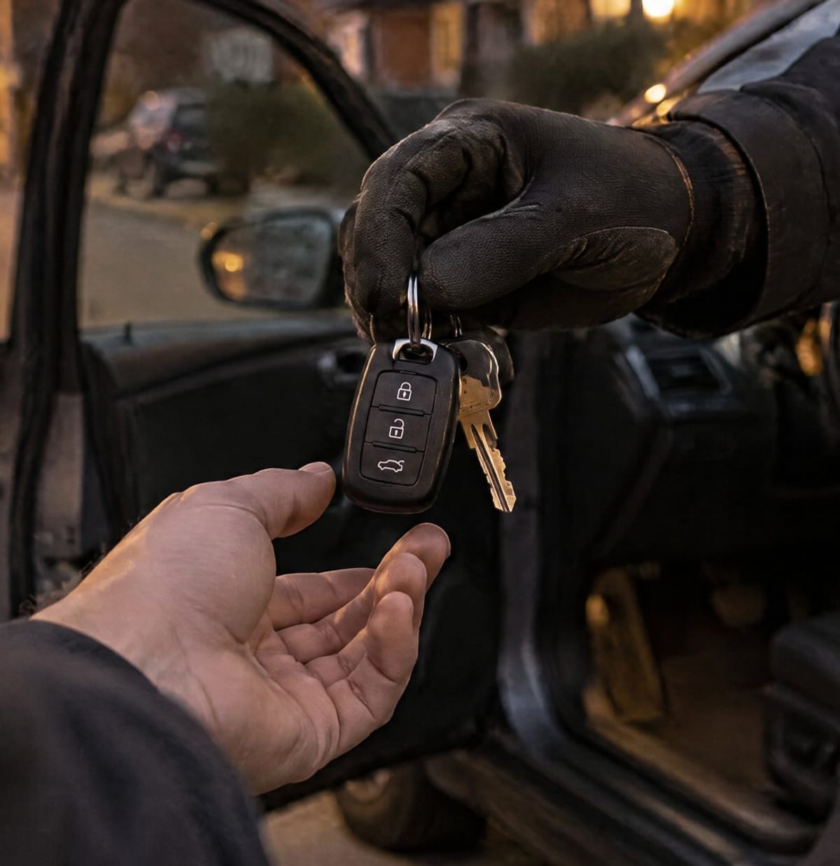 A gloved hand passing car keys back at an open car door