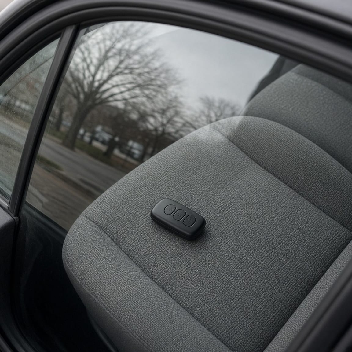 A key fob left on the seat of a parked car