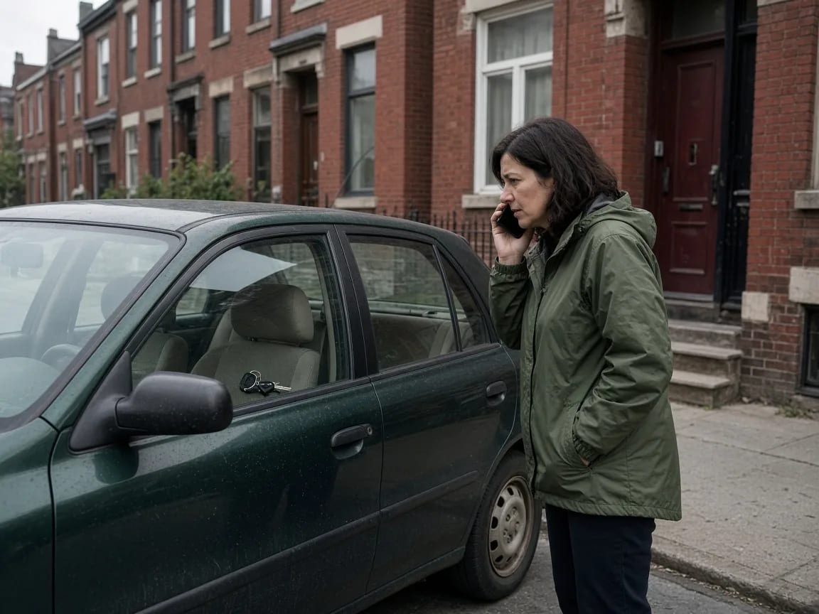 A driver on the phone beside her locked car, keys on the seat