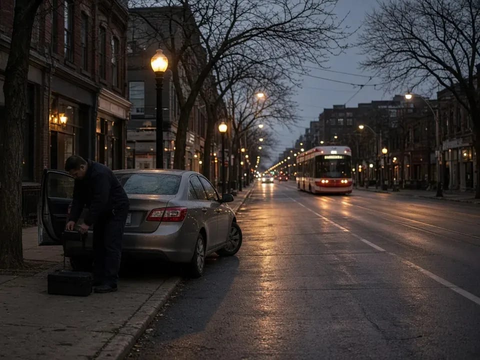 A technician packing up beside a car on a wet city street at dusk