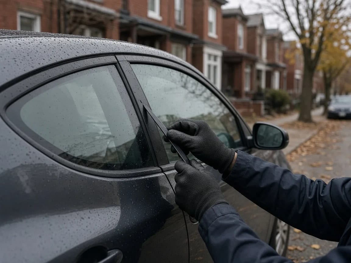 Gloved hands setting a wedge at a car door frame on a rainy street