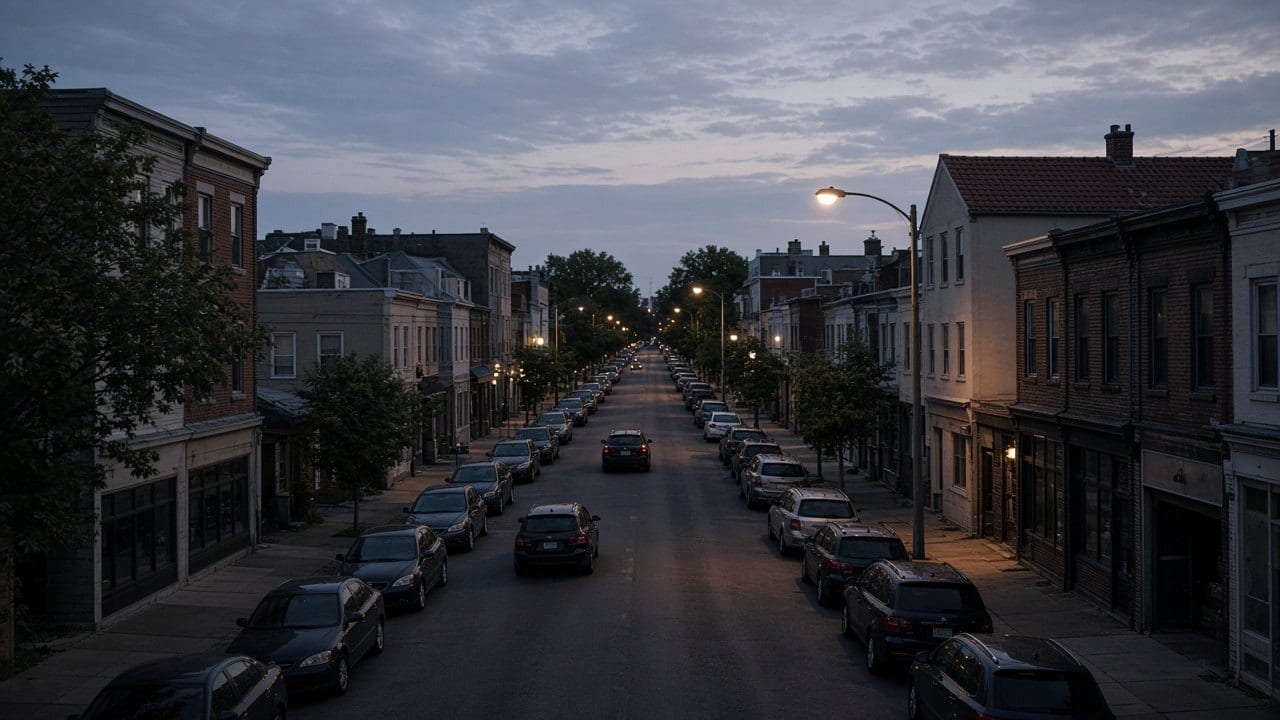 A long street lined with parked cars at dusk