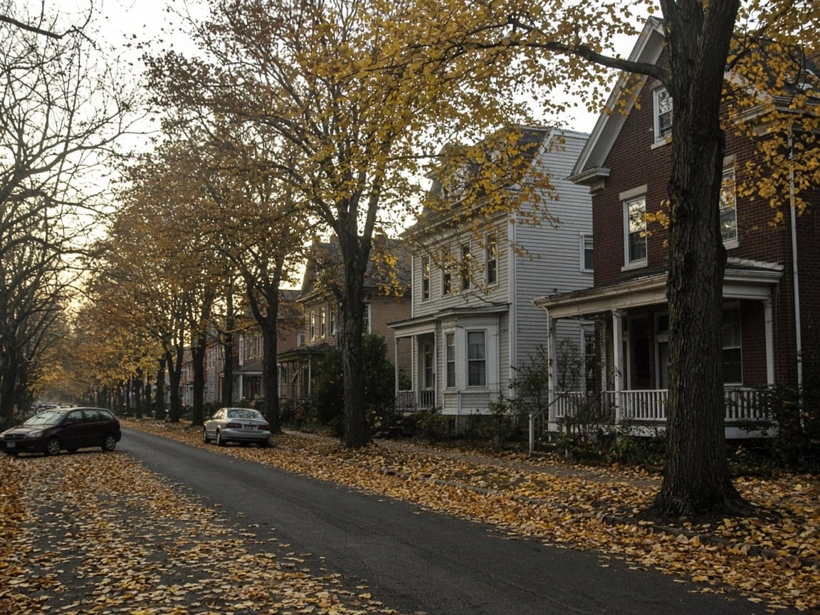 A street of houses under autumn trees