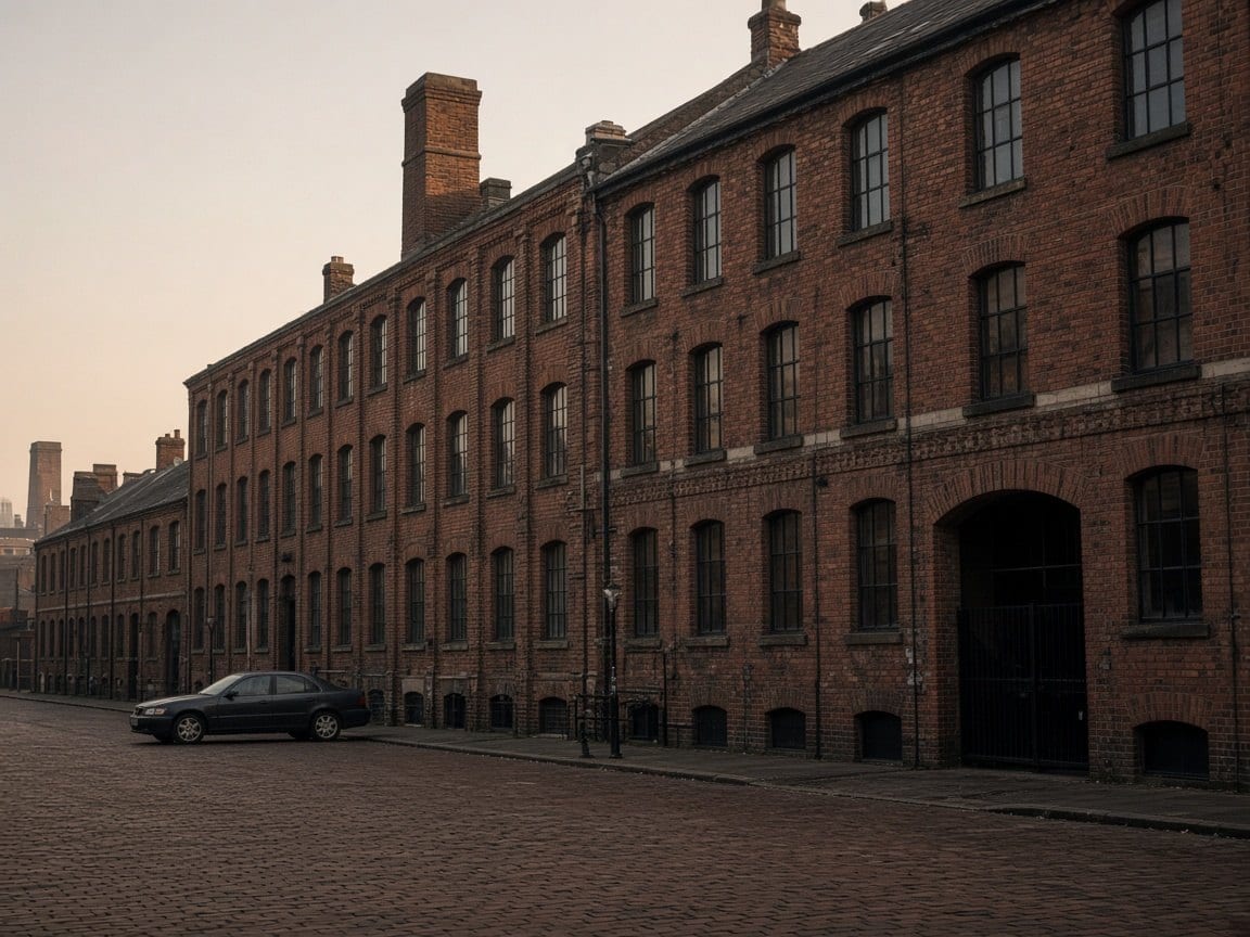 Old brick buildings on a cobbled lane at dusk