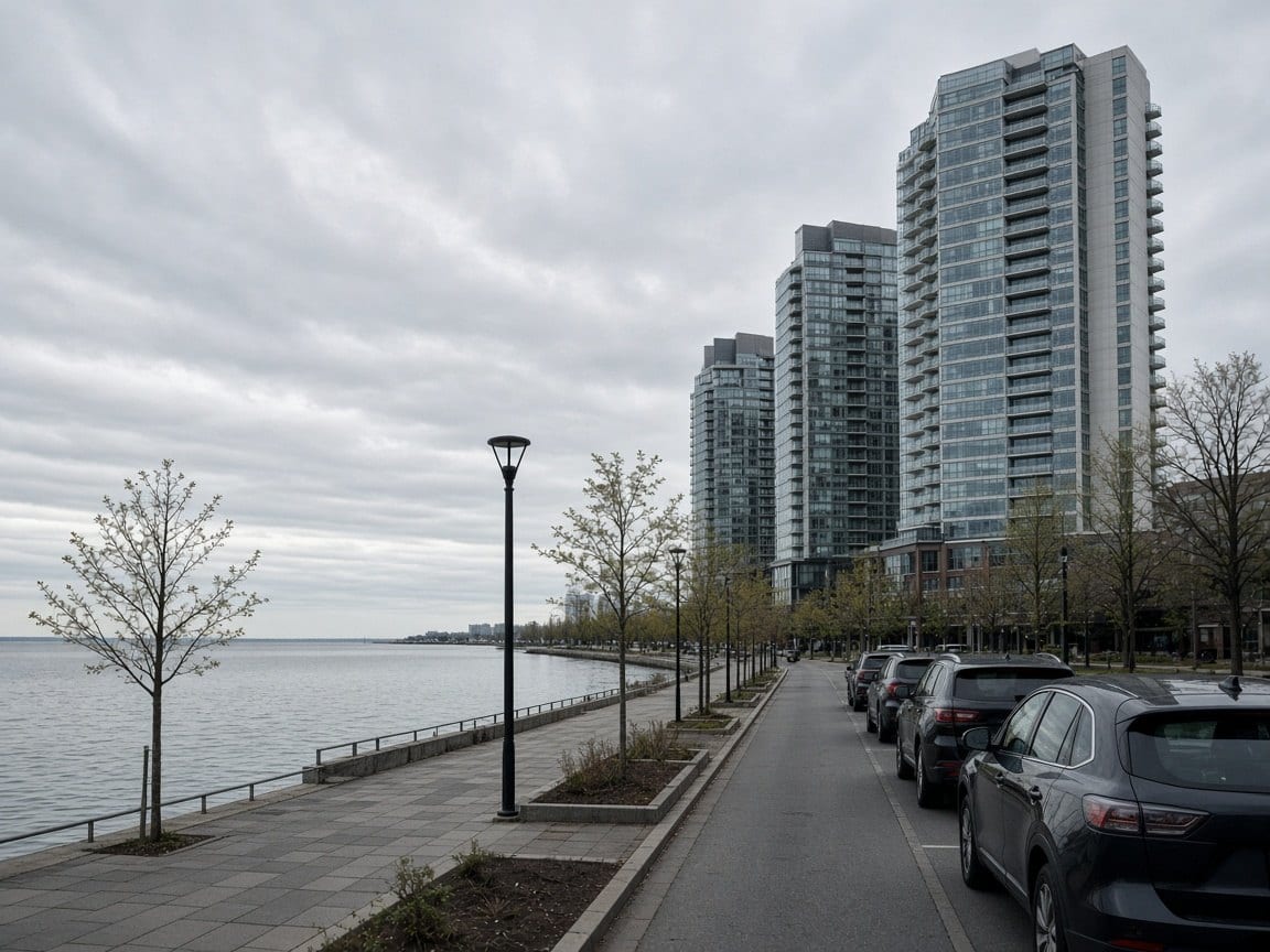 Condo towers beside a lakeside path, cars parked along the road