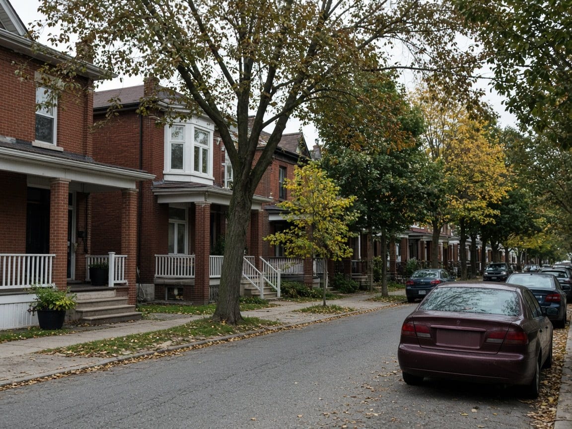 Brick houses with porches on a tree-lined street