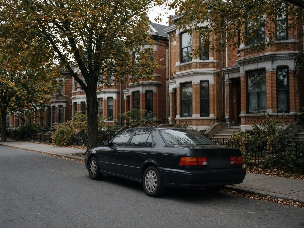 A dark sedan parked in front of brick houses