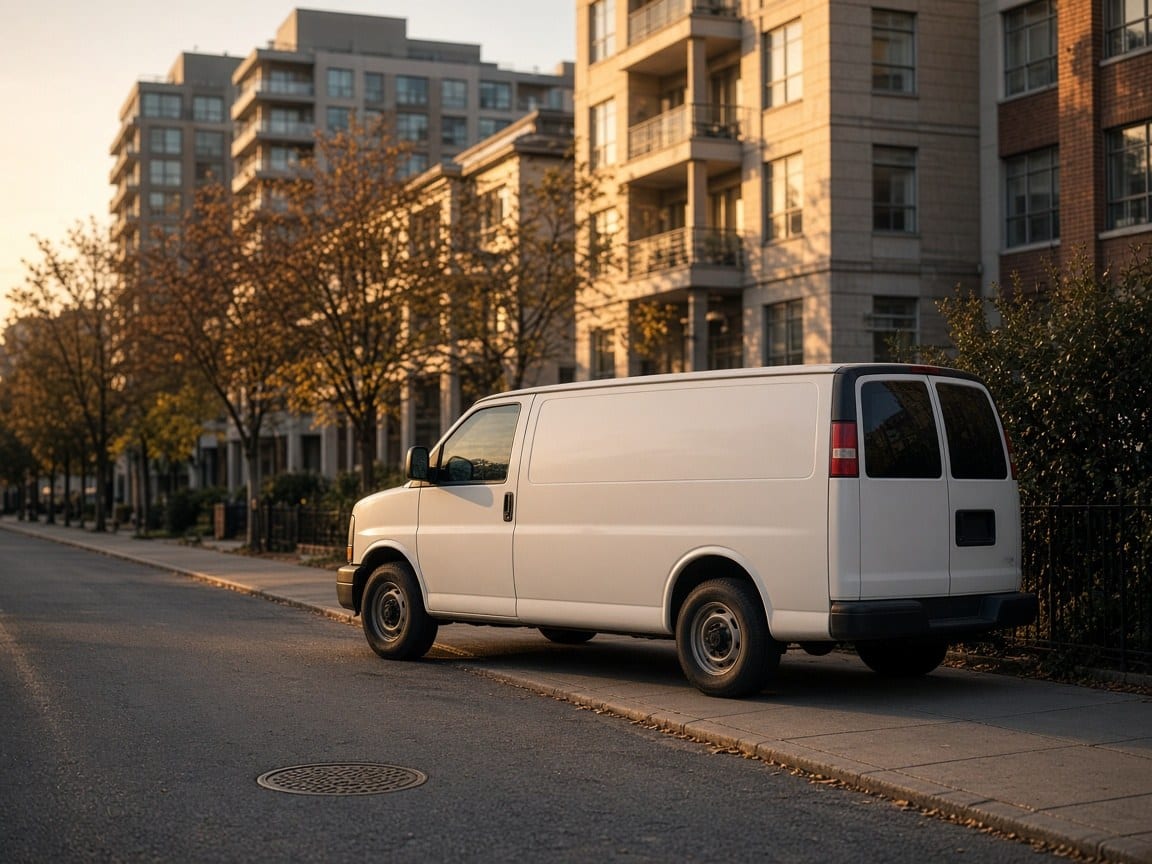 A white van parked by low-rise apartments at sunset