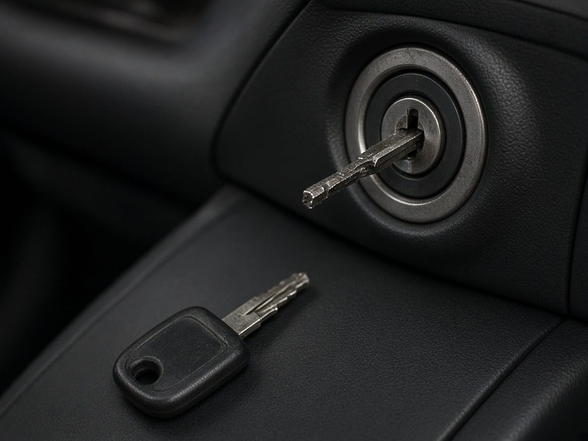 A broken car key beside the ignition barrel