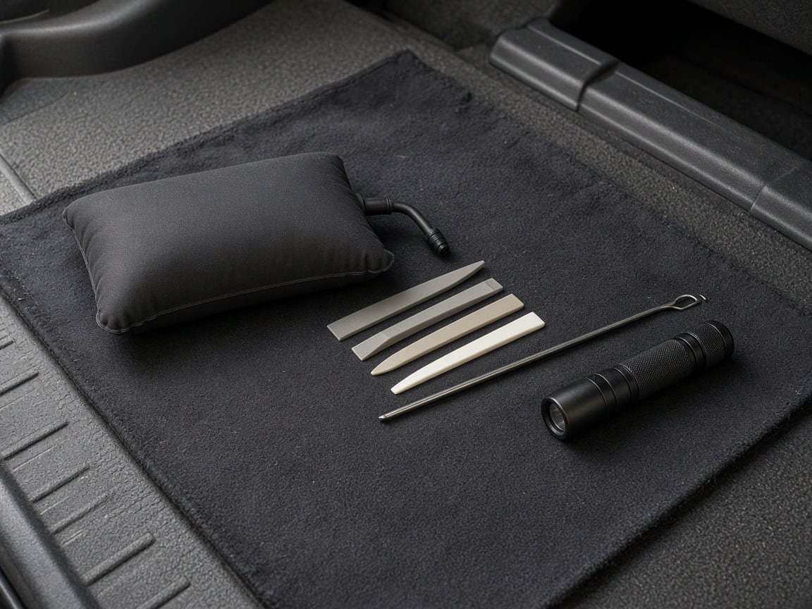 Lockout tools laid out on a car floor mat