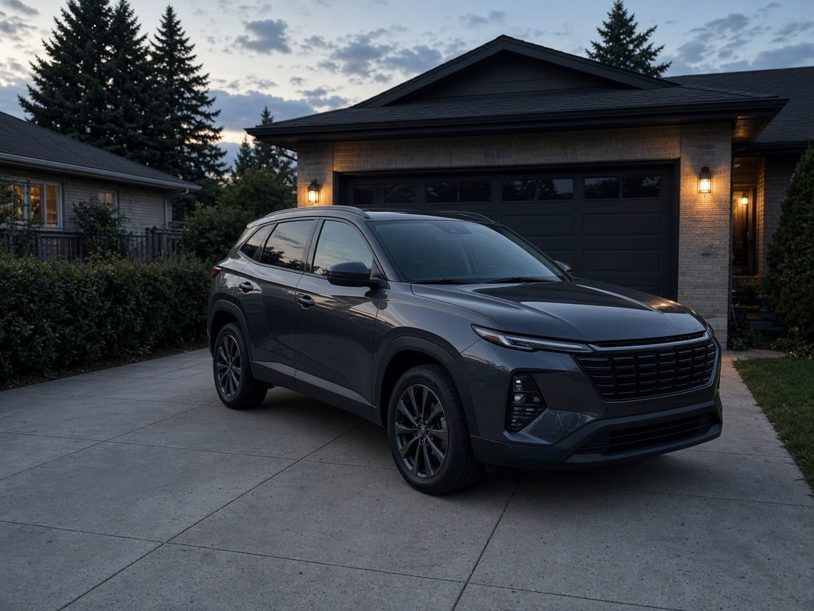 A dark SUV parked in a driveway at dusk