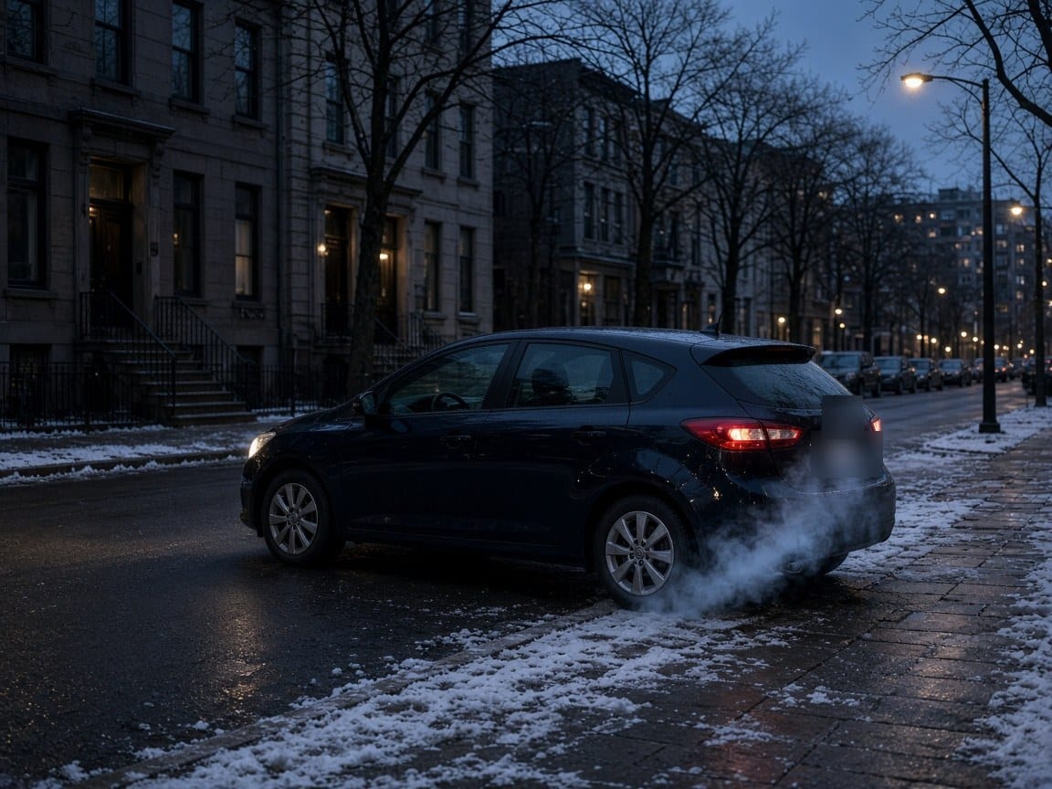A car idling at a snowy curb at night