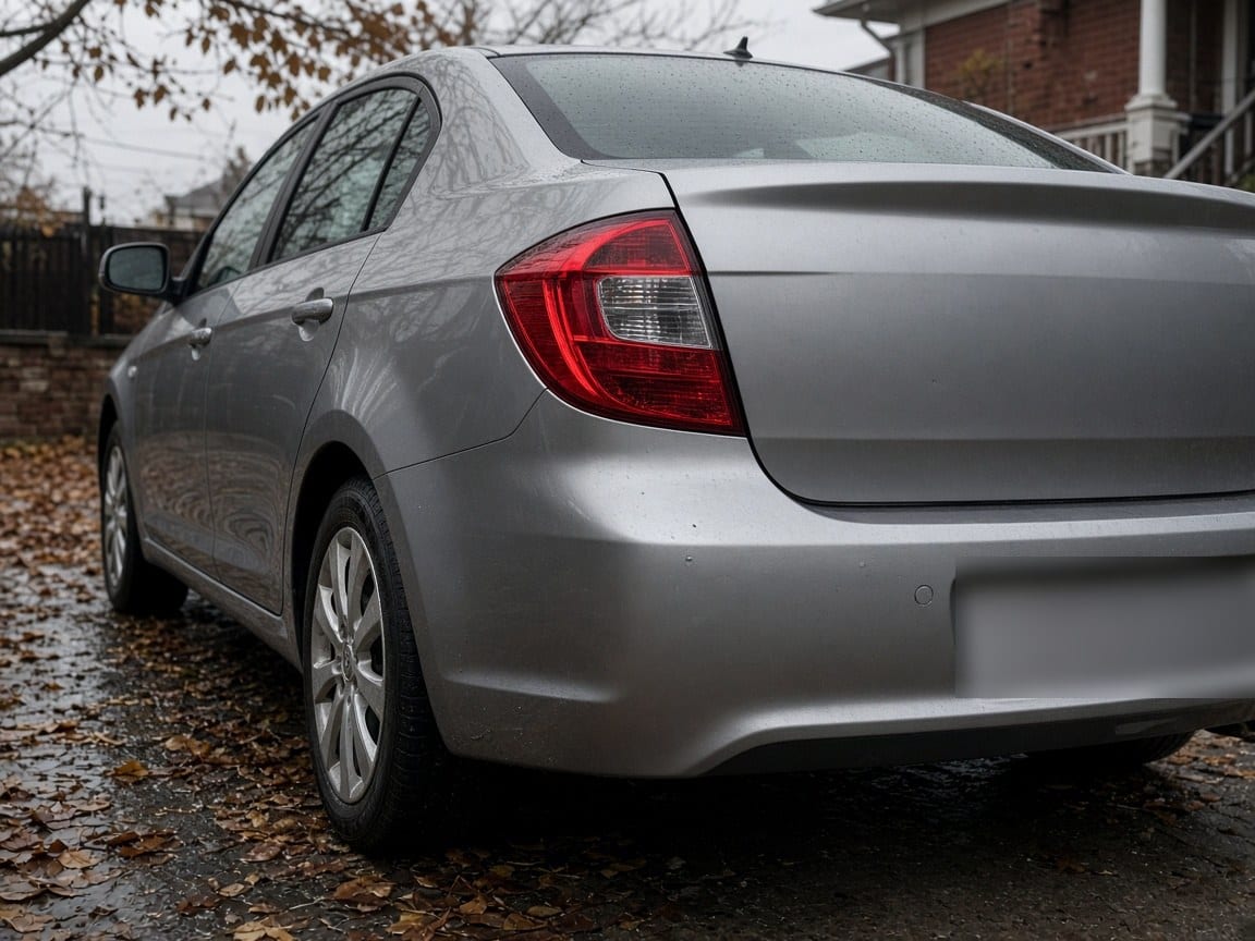 The closed trunk of a silver sedan parked on fallen leaves