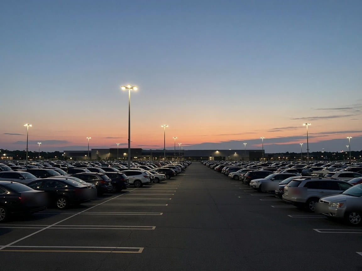 Rows of parked cars under lamp posts at sunset