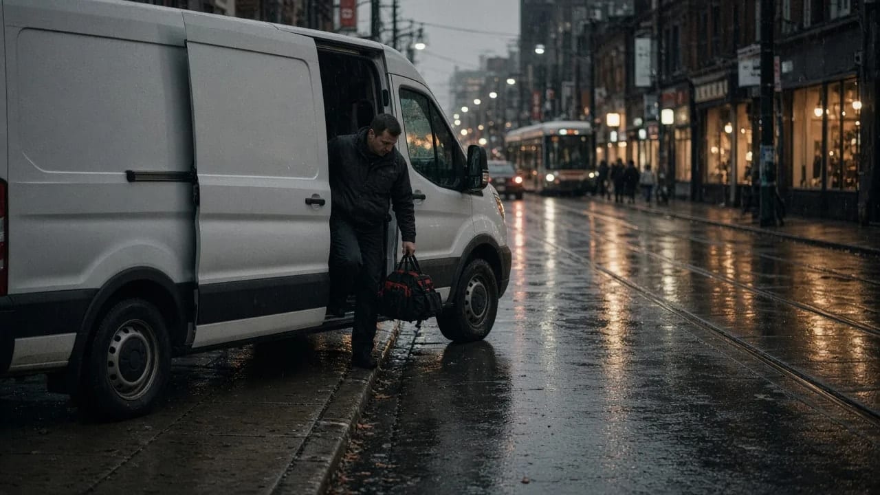 A white van with its side door open on a wet street at dusk